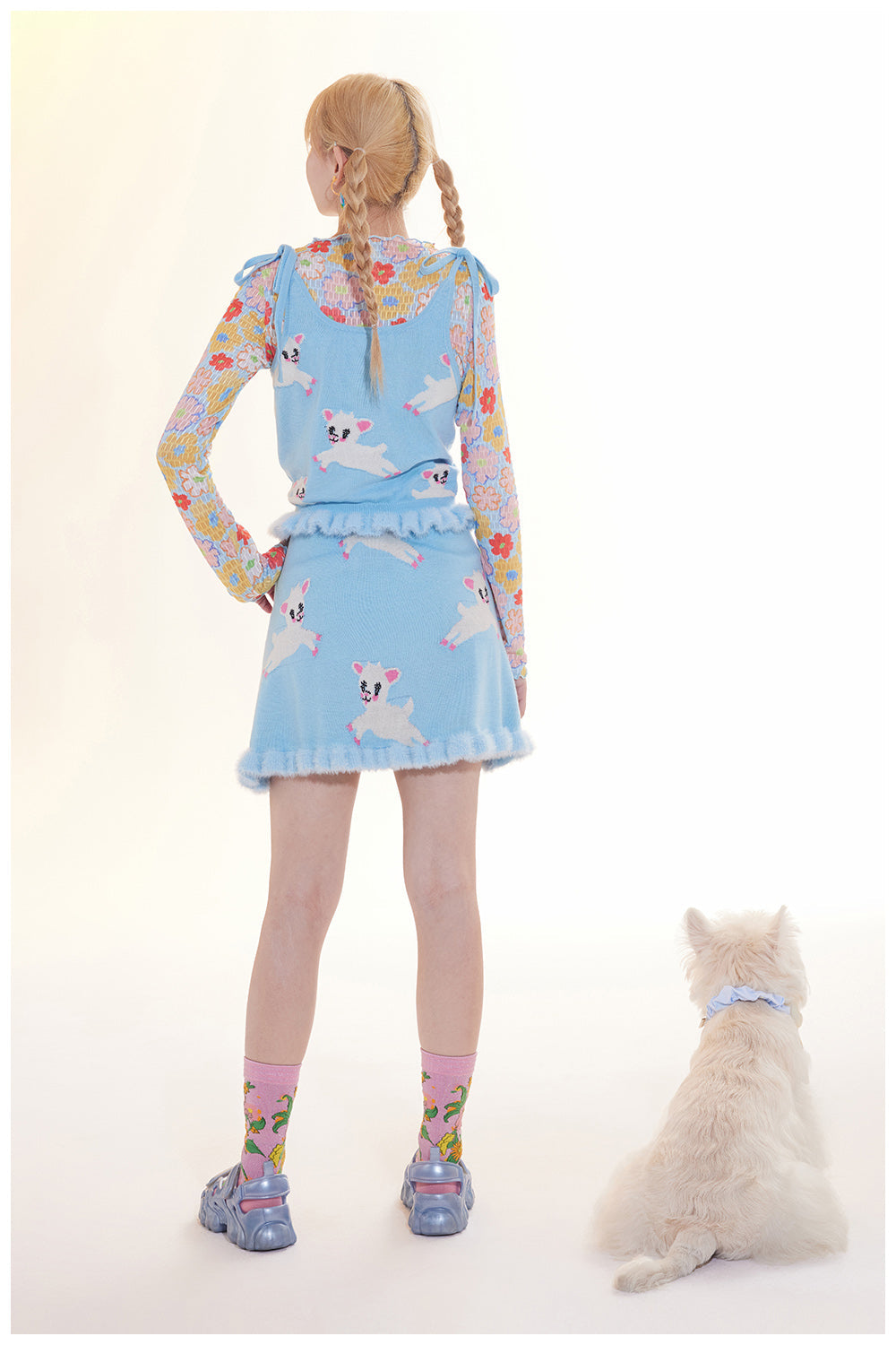 Lamb Print Knit Tank Top and Skirt Set