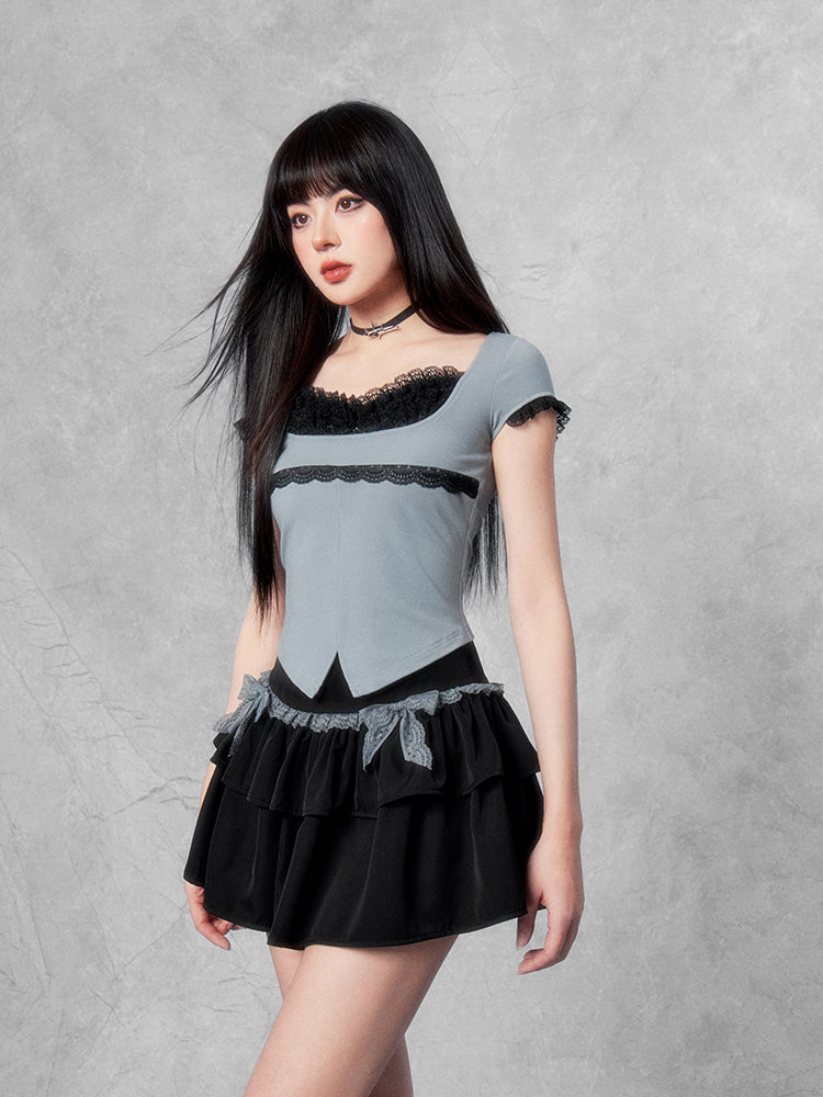 Lace Trim Maid Top/Skirt