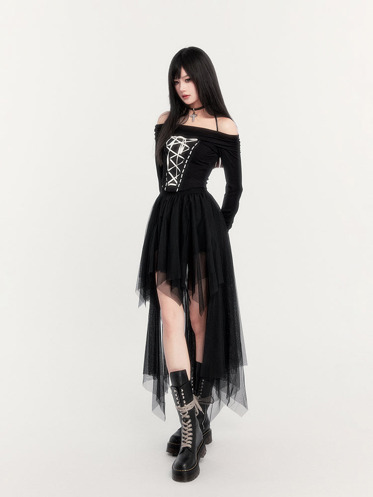 Off-Shoulder Gothic Corset Top and Asymmetric Tulle Skirt