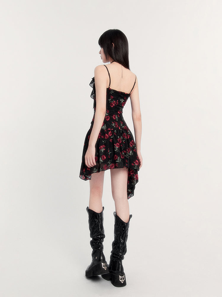 Floral Print Gothic Mini Dress with Asymmetric Hem