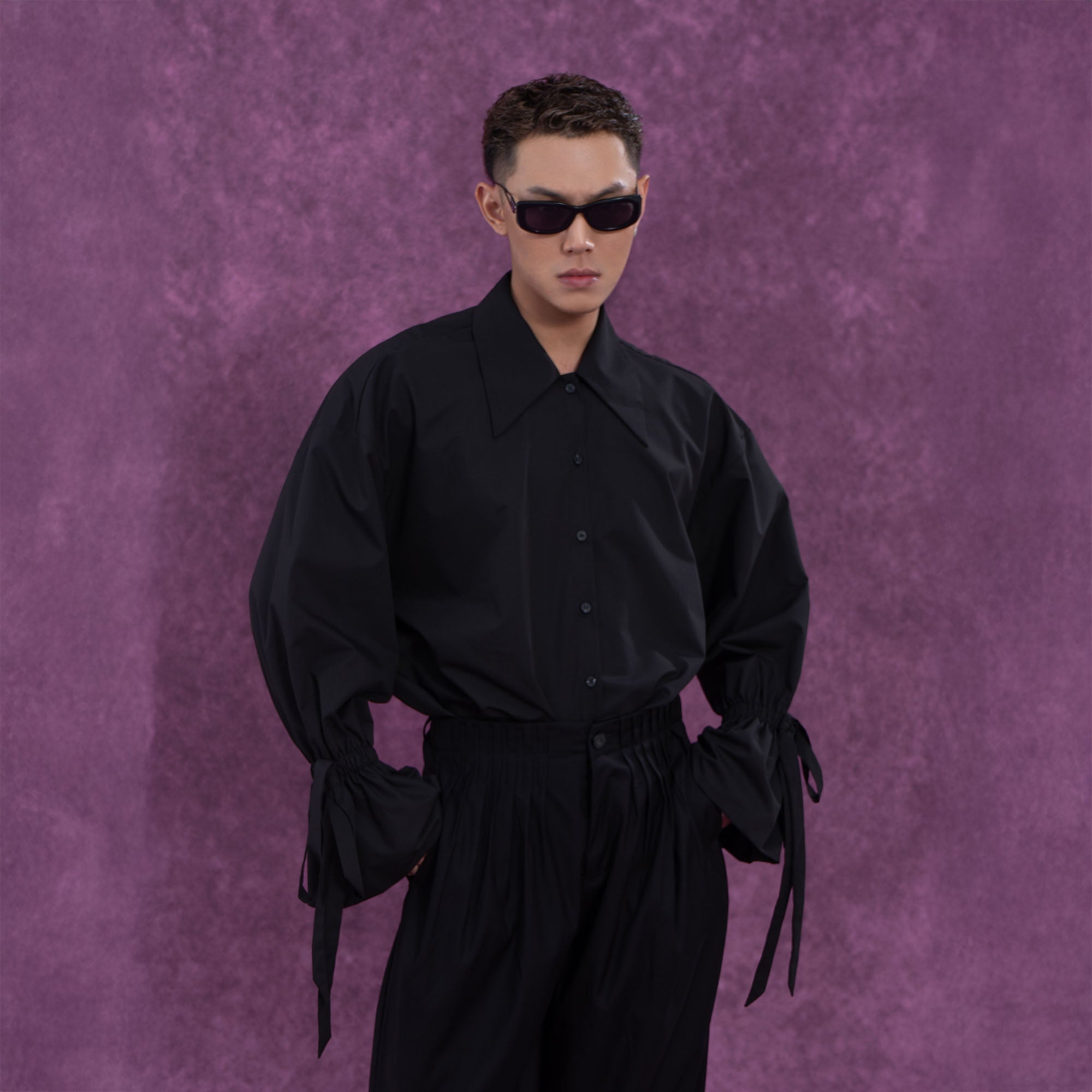 Button-Up Shirt with Tied Balloon Sleeves