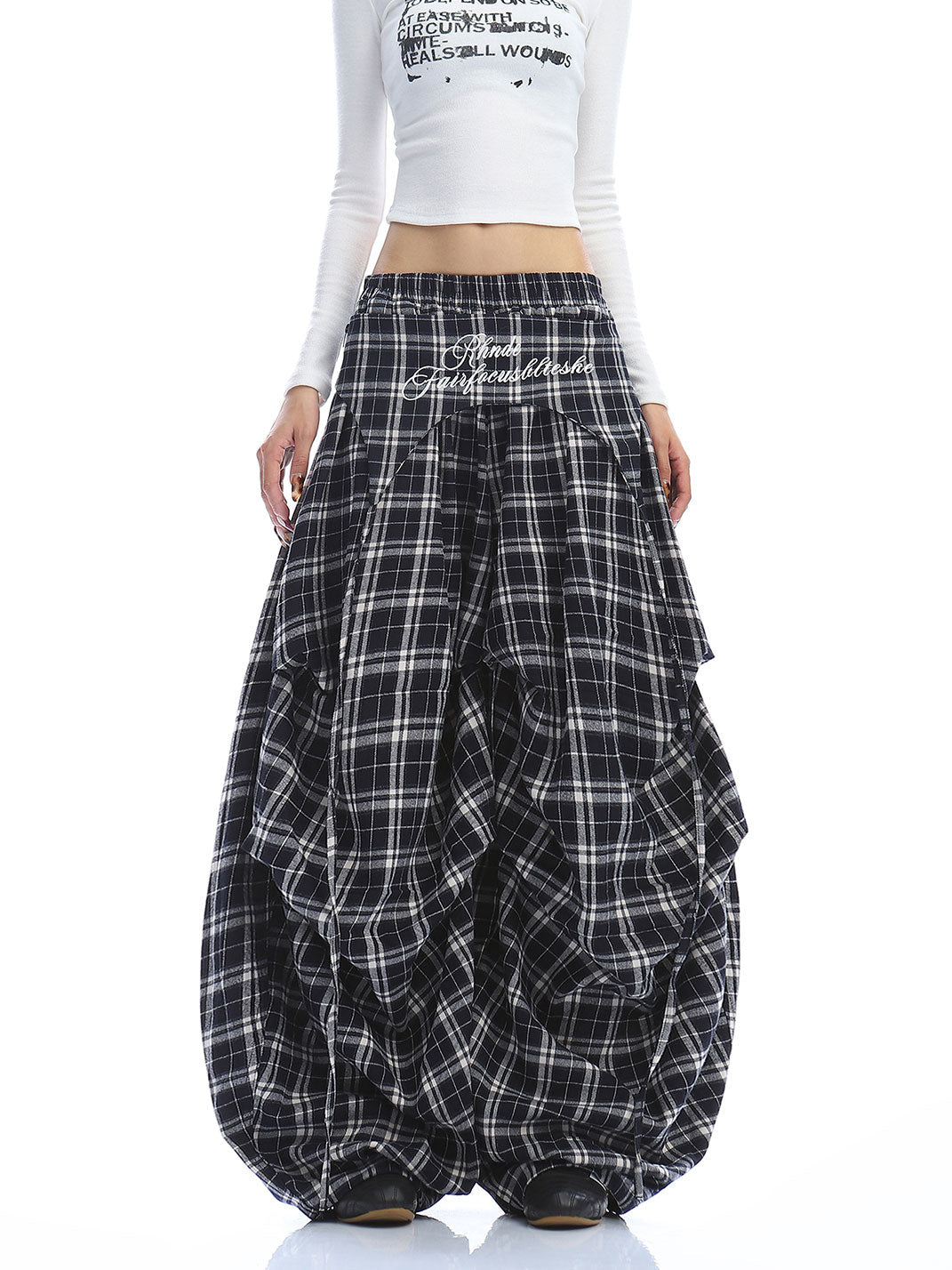 Letter Embroidered Plaid Wide-leg Pants