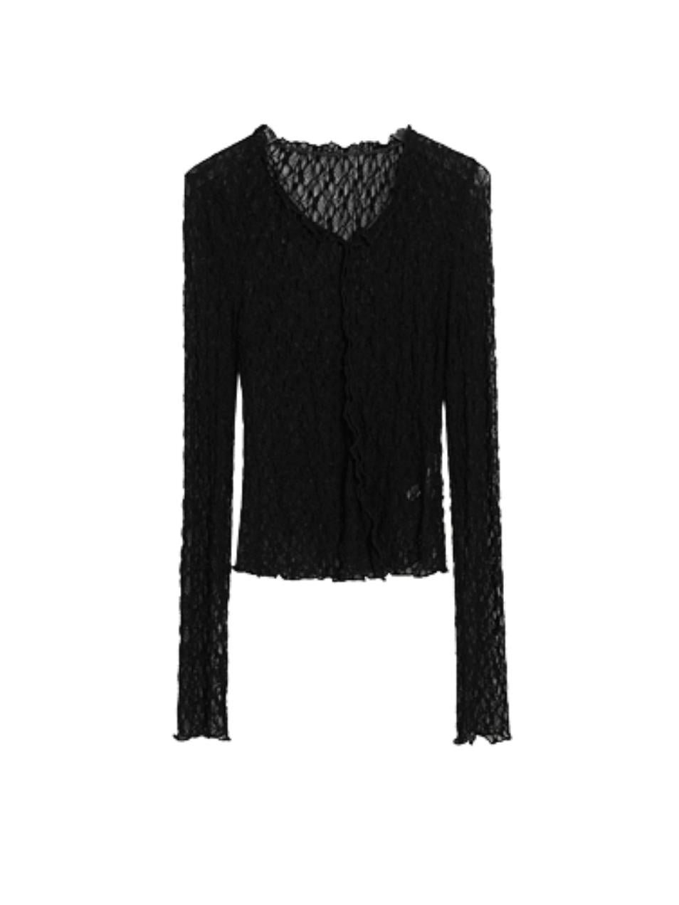 Sheer Lace Long Sleeve Crop Top - Gothic Mesh V-Neck Blouse