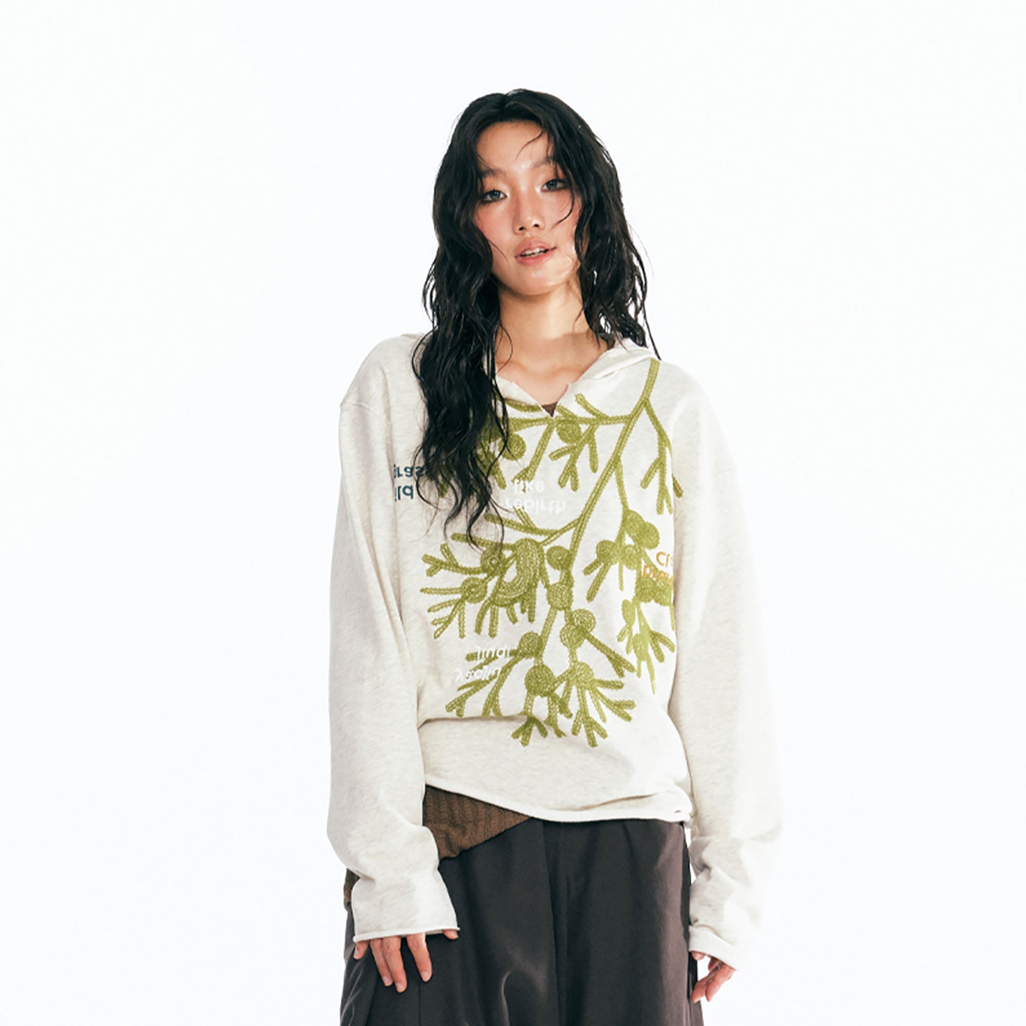 Sesame Leaf Embroidered V Neck Hoodie