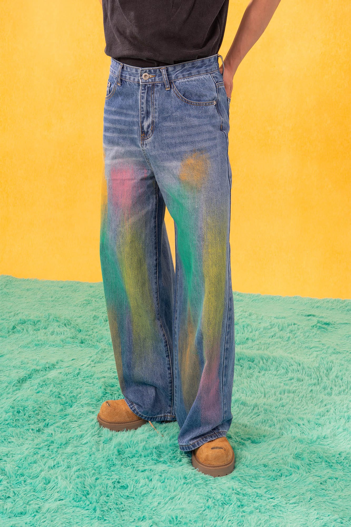 Multicolor Spray Paint Effect Wide-Leg Jeans