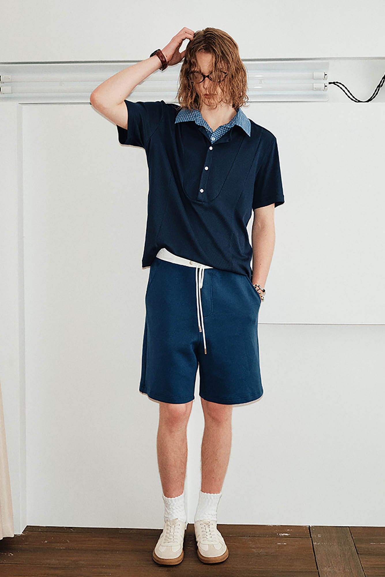 Navy Polo Shirt with Gingham Collar