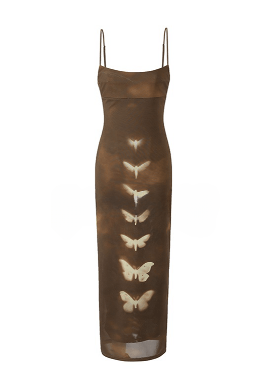 Double-Layer Mesh Butterfly Printed Slip Dress