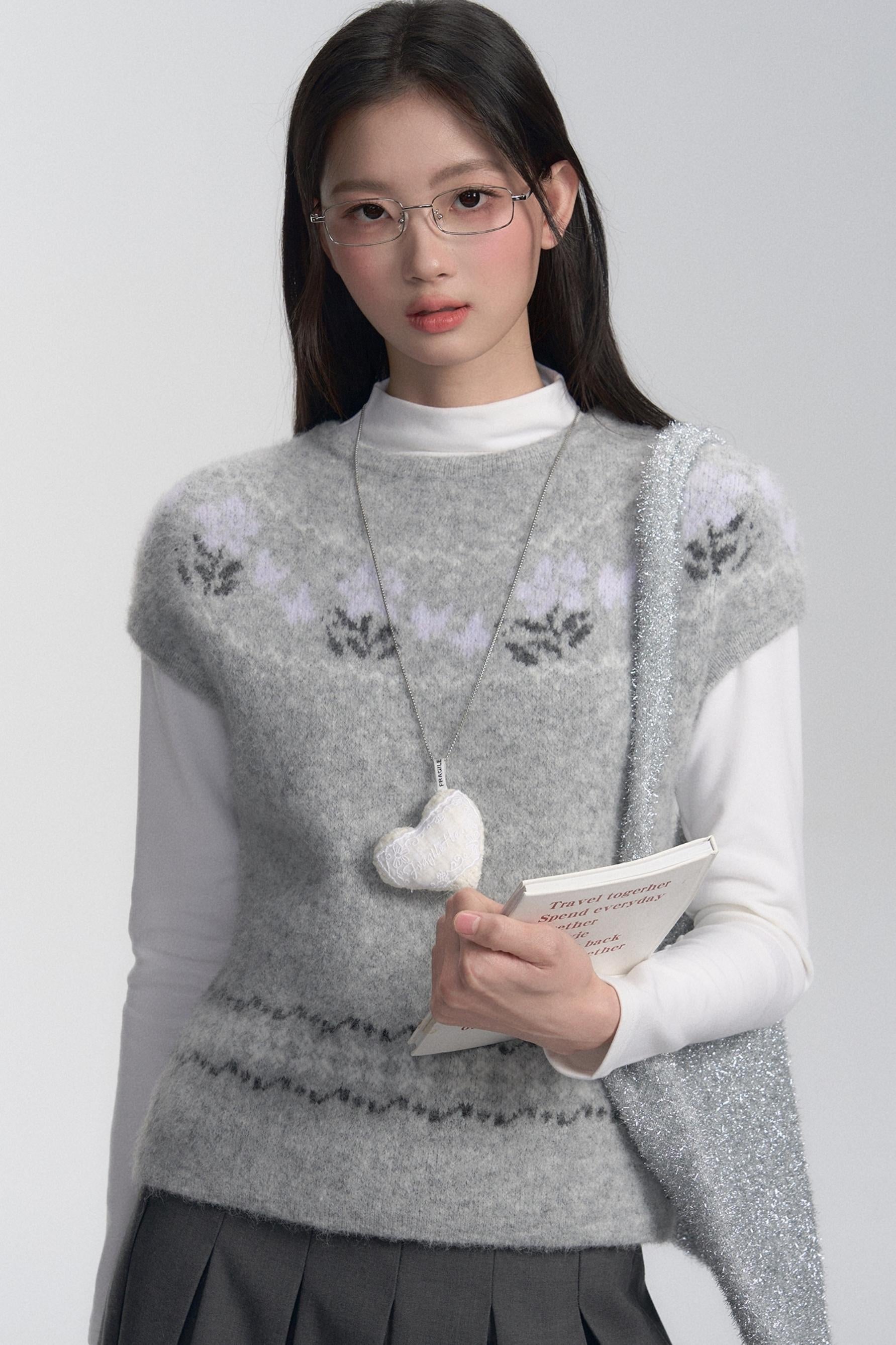 Grey Patterned Layered Knit Blouse Set-Up