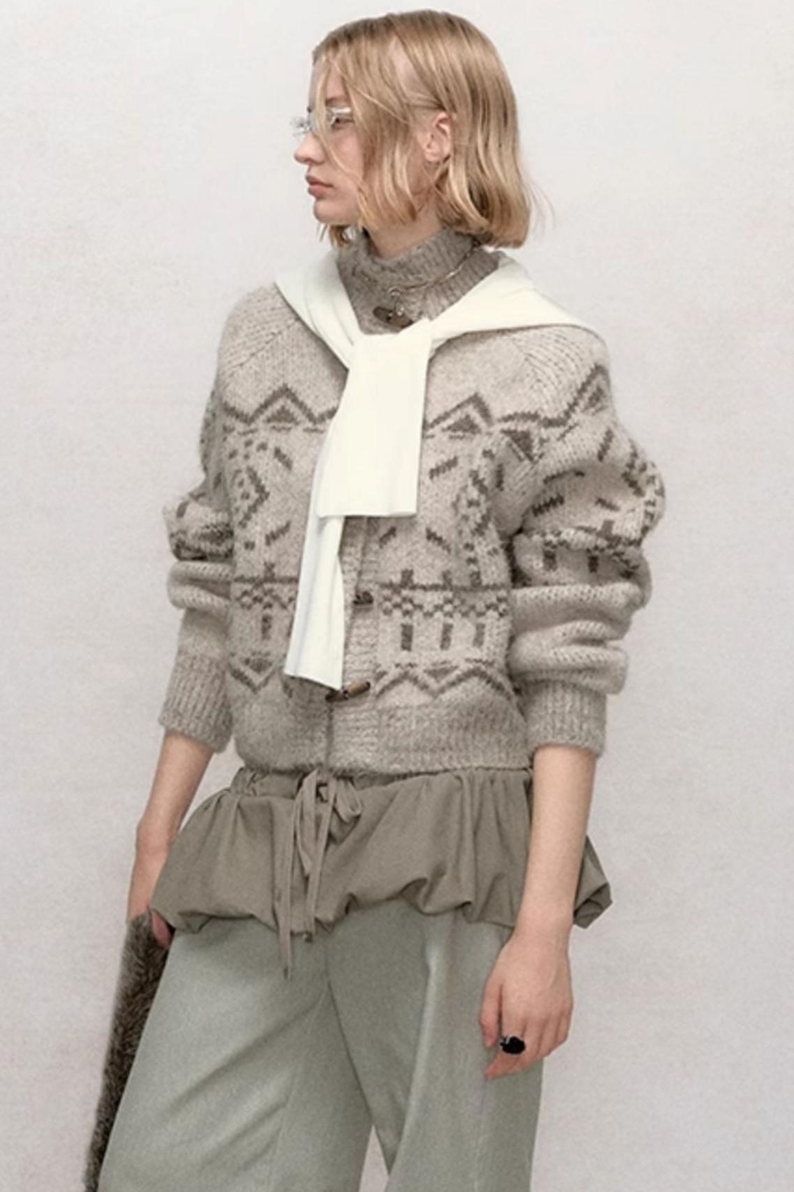 Patterned Wool Mock Neck Cardigan