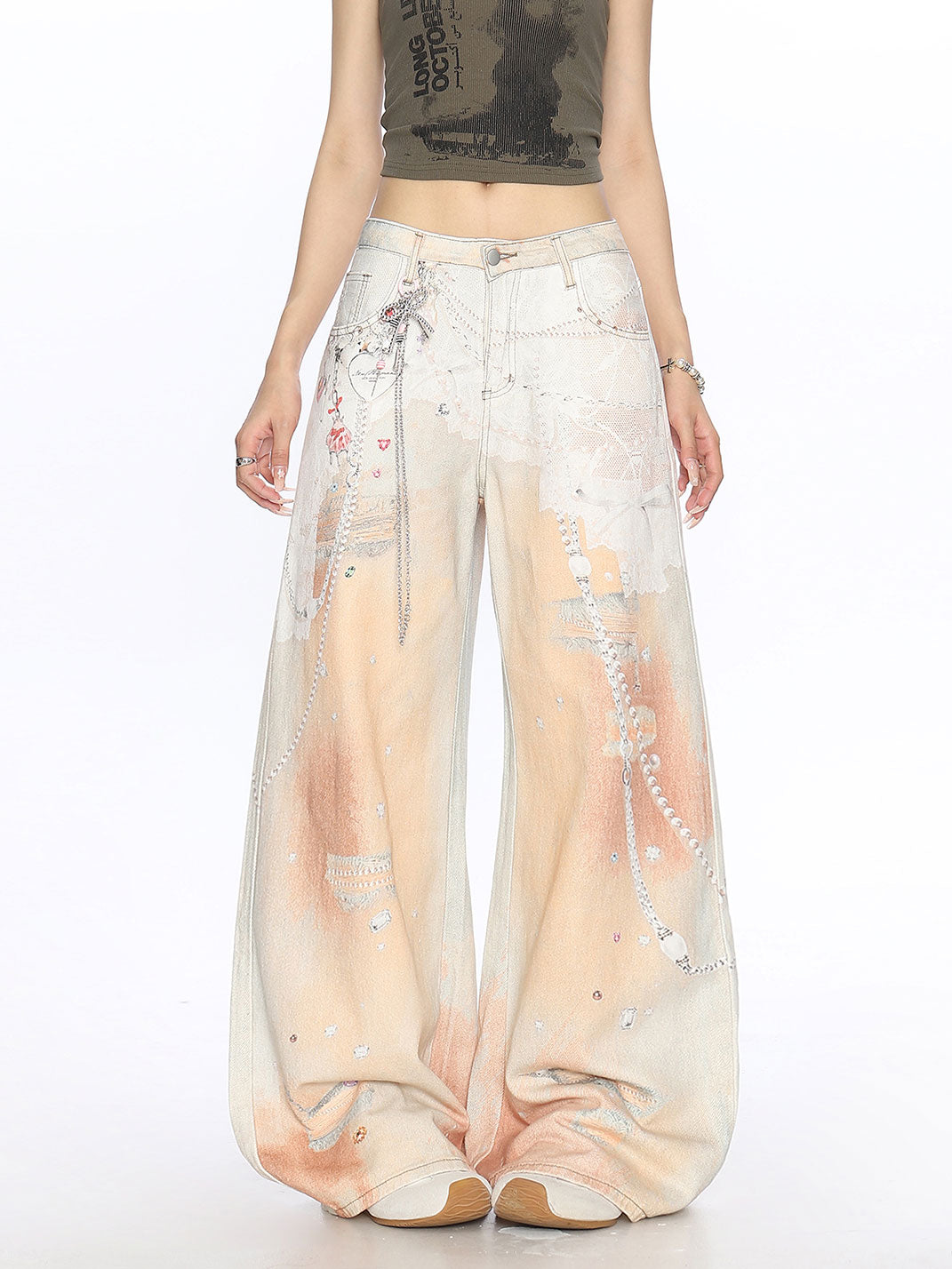 3D Chain Print Wide-leg Jeans