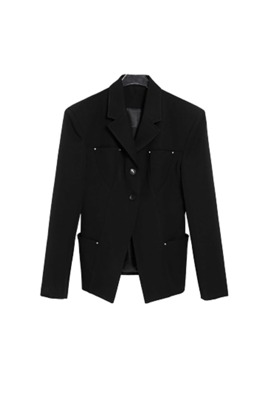 Classic Black Tailored Blazer - Multi-Pocket Professional Suit Jacket