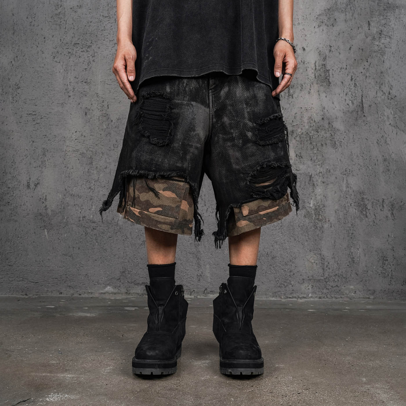 Layered Distressed Black Camo Shorts