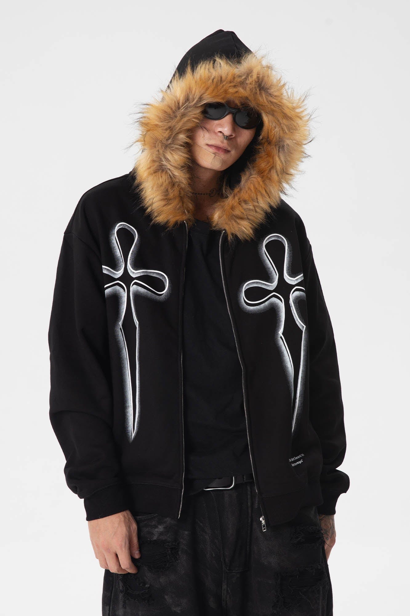 Gothic Cross Fur Hoodie Jacket