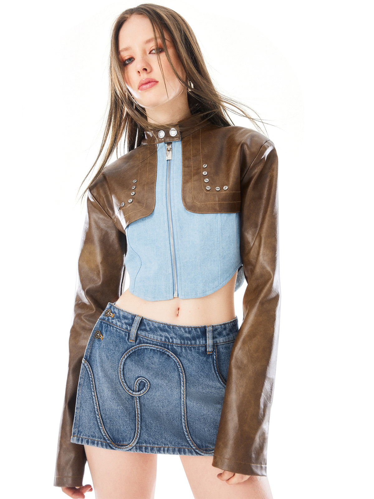 Denim and Leather Cropped Moto Jacket