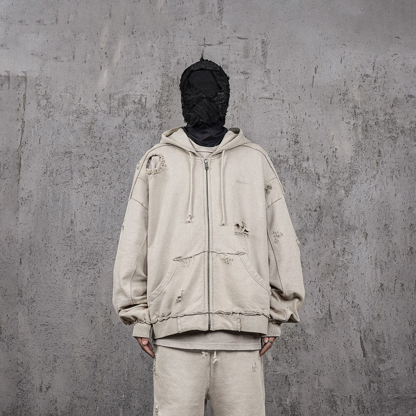 Distressed Beige Zip-up Hoodie