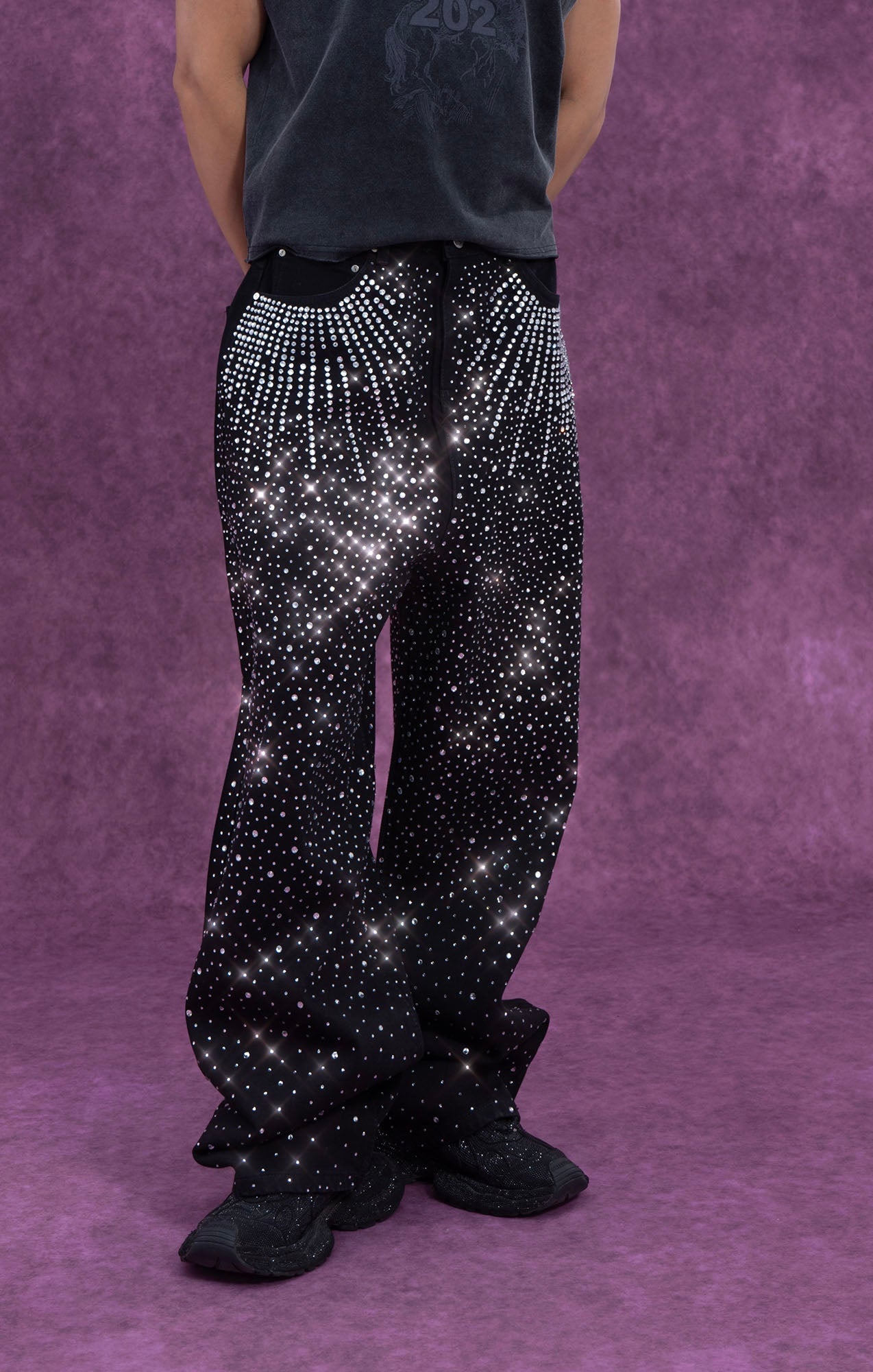 Black Rhinestone Embellished Jeans with Starburst Pattern