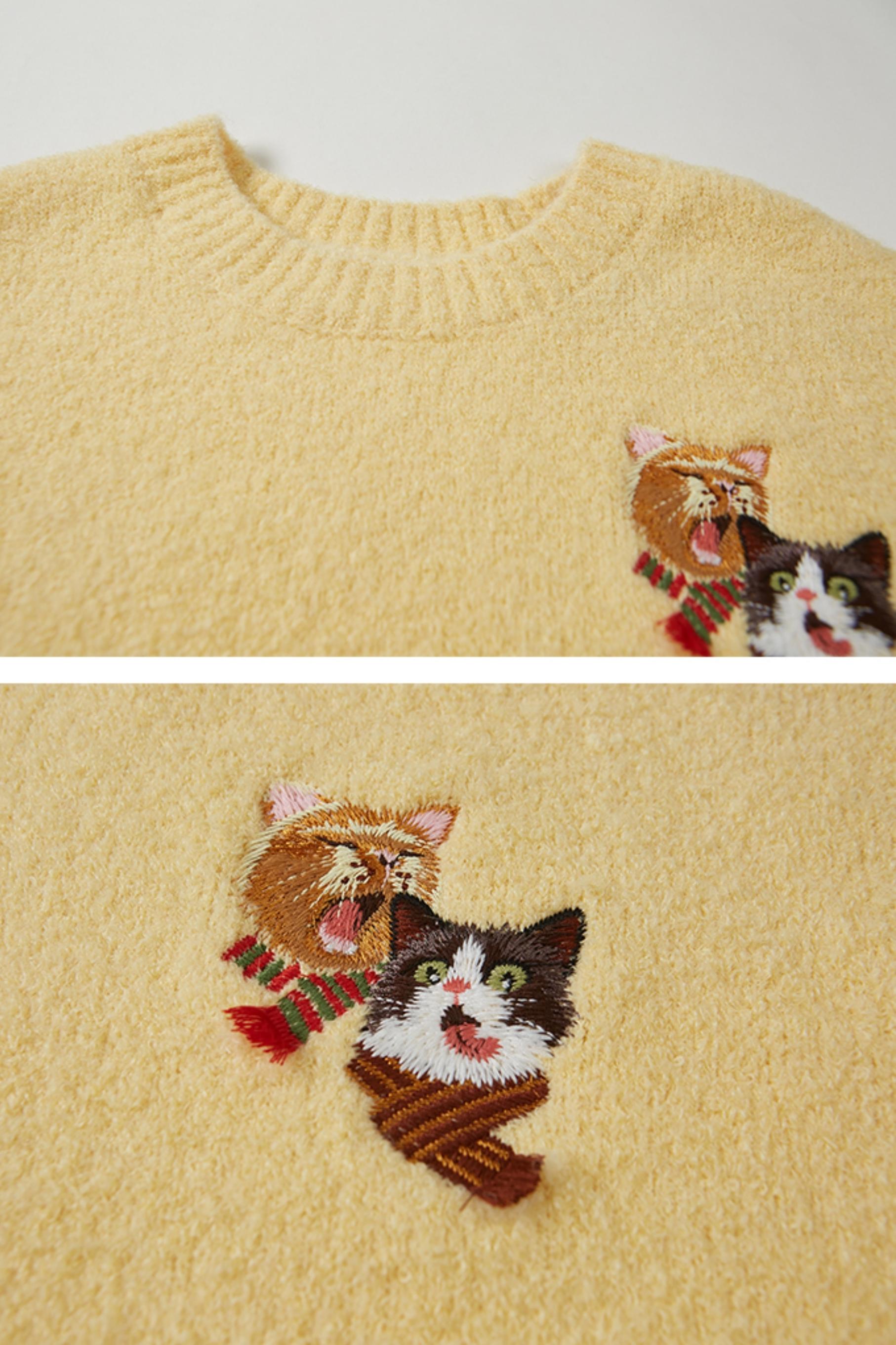 Pull en tricot de chat brodé