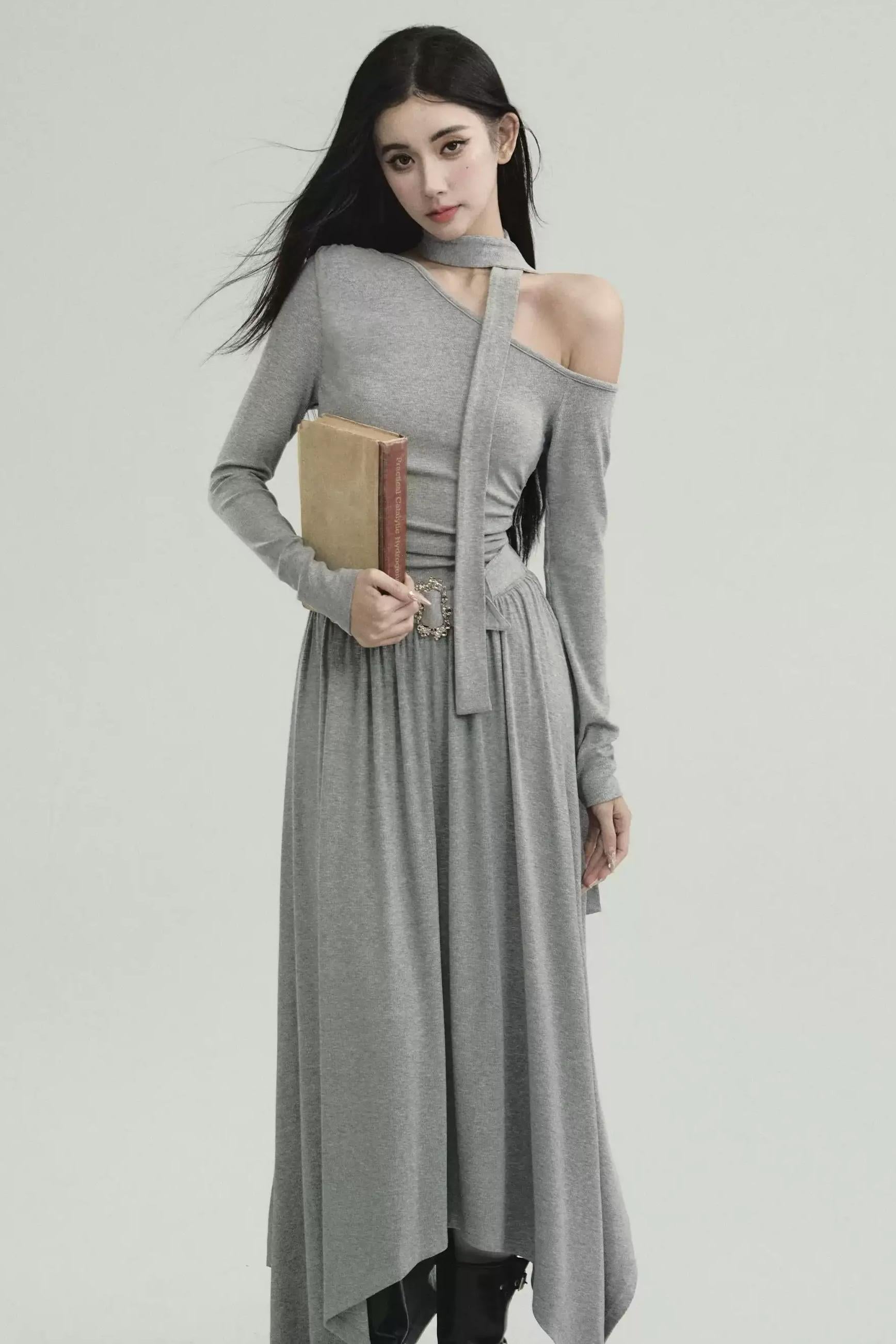 Cold Shoulder Choker Maxi Dress - Grey Gothic Asymmetric Dress