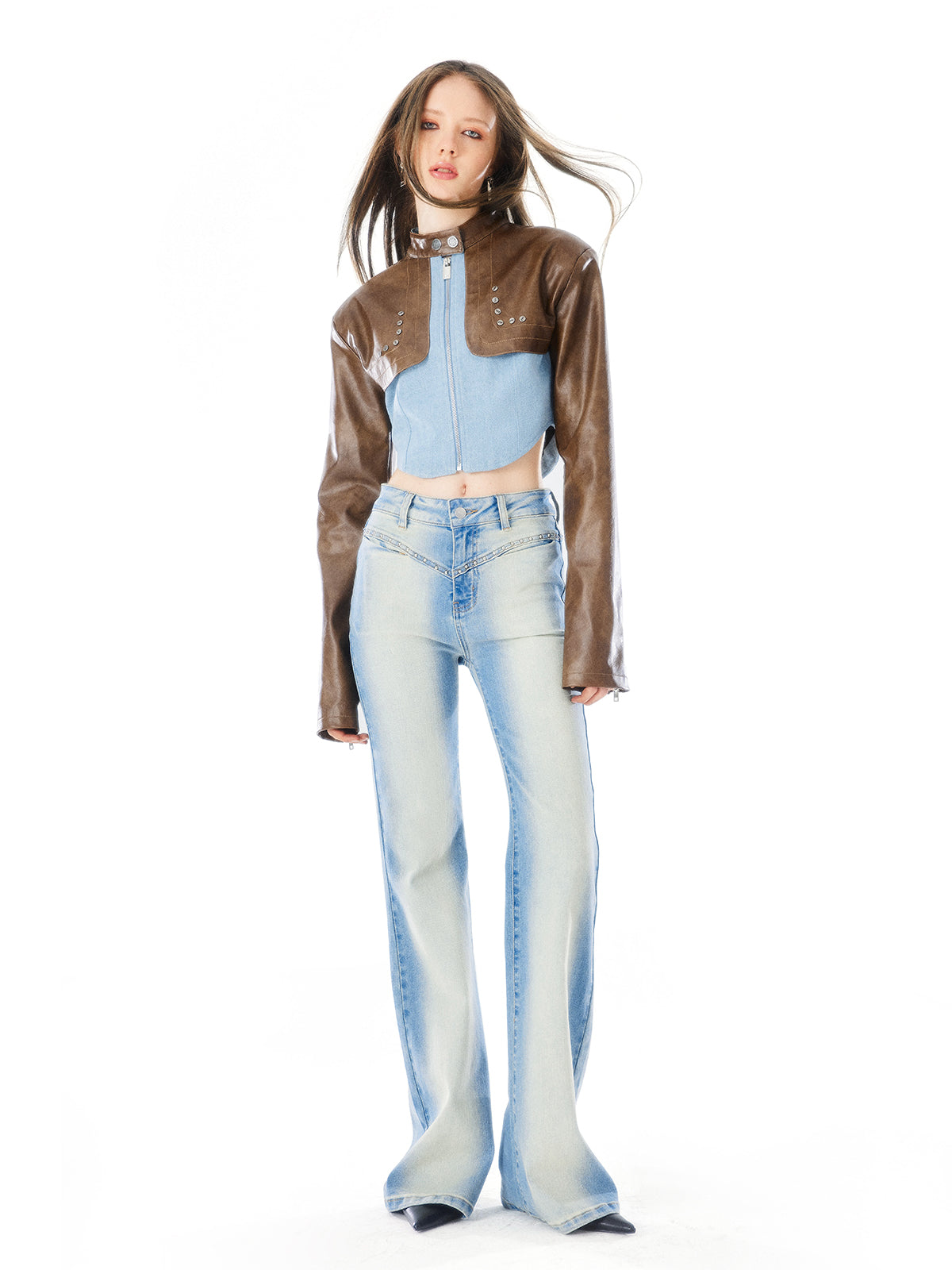 Denim and Leather Cropped Moto Jacket