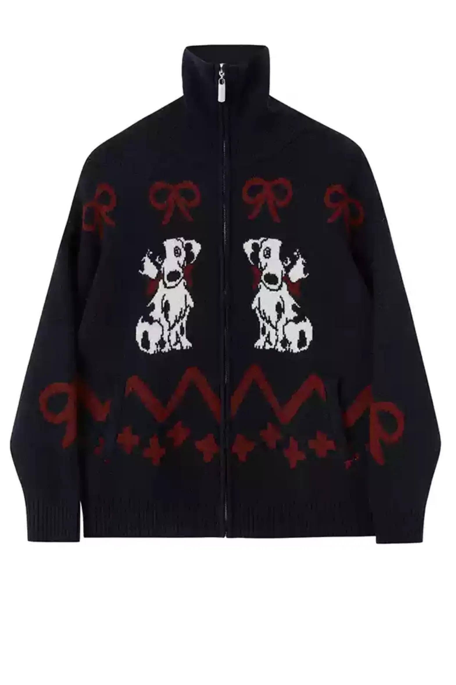 Puppy Pattern Zip Cardigan - Knit Bow Jacquard Sweater