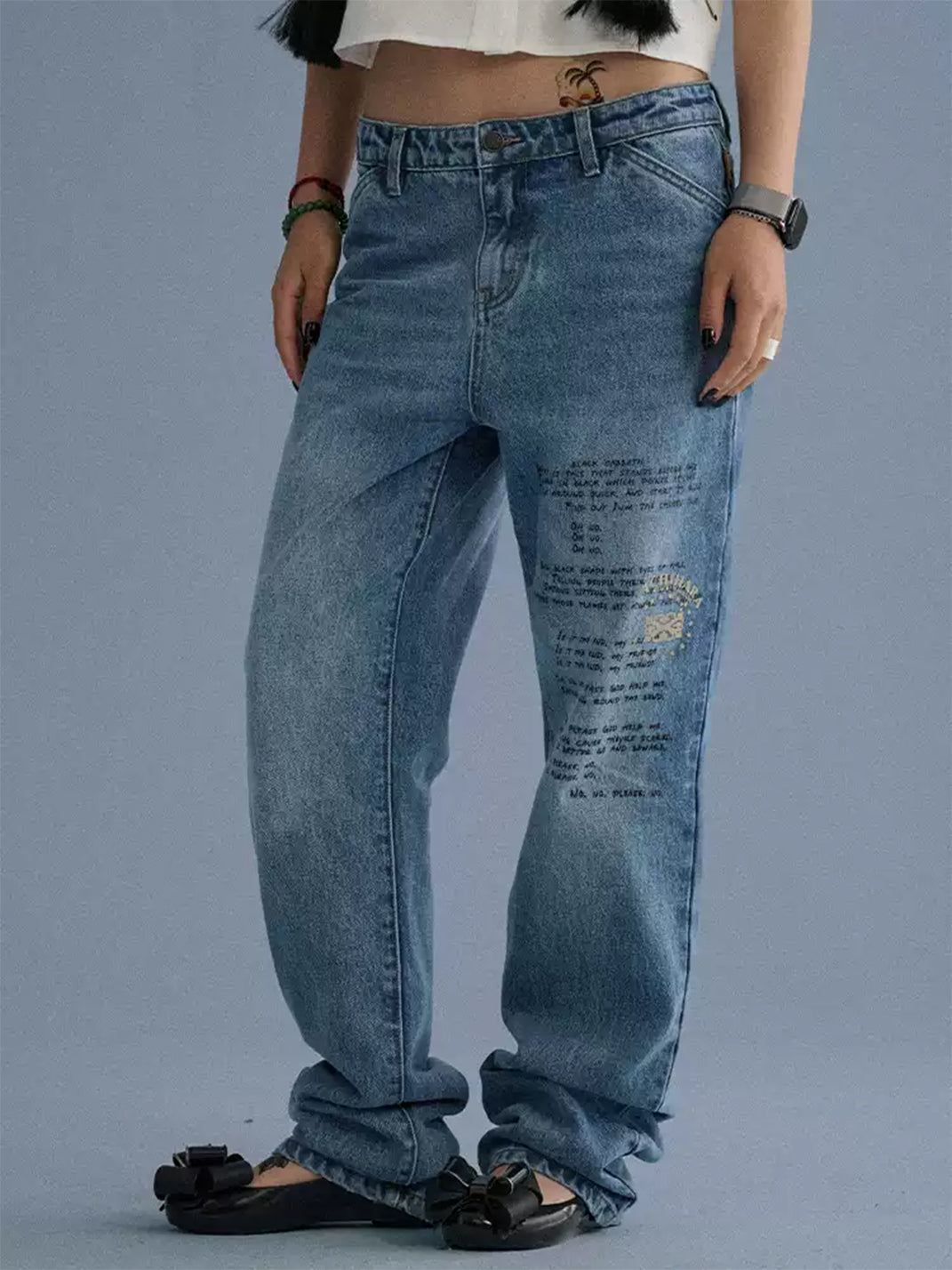 Distressed Letter Print Jeans