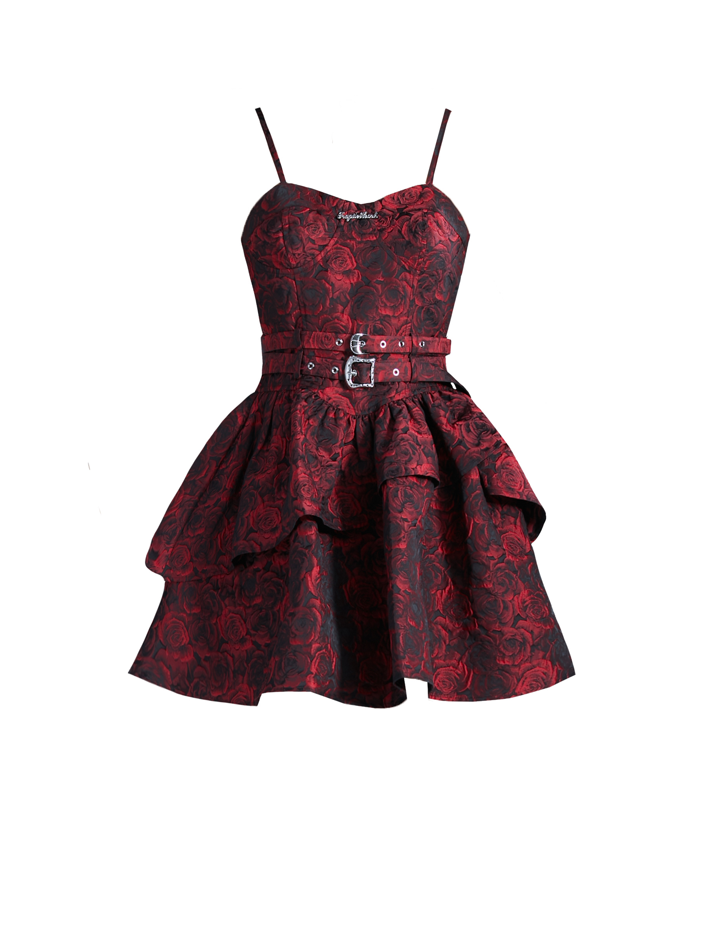 Gothic Floral Brocade Mini Dress - Burgundy Spaghetti Strap Belted Party Dress with Tiered Skirt