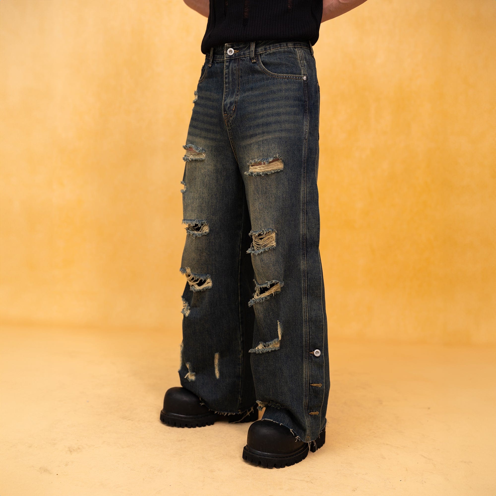 Heavy Distressed Buttoned Straight Leg Jeans