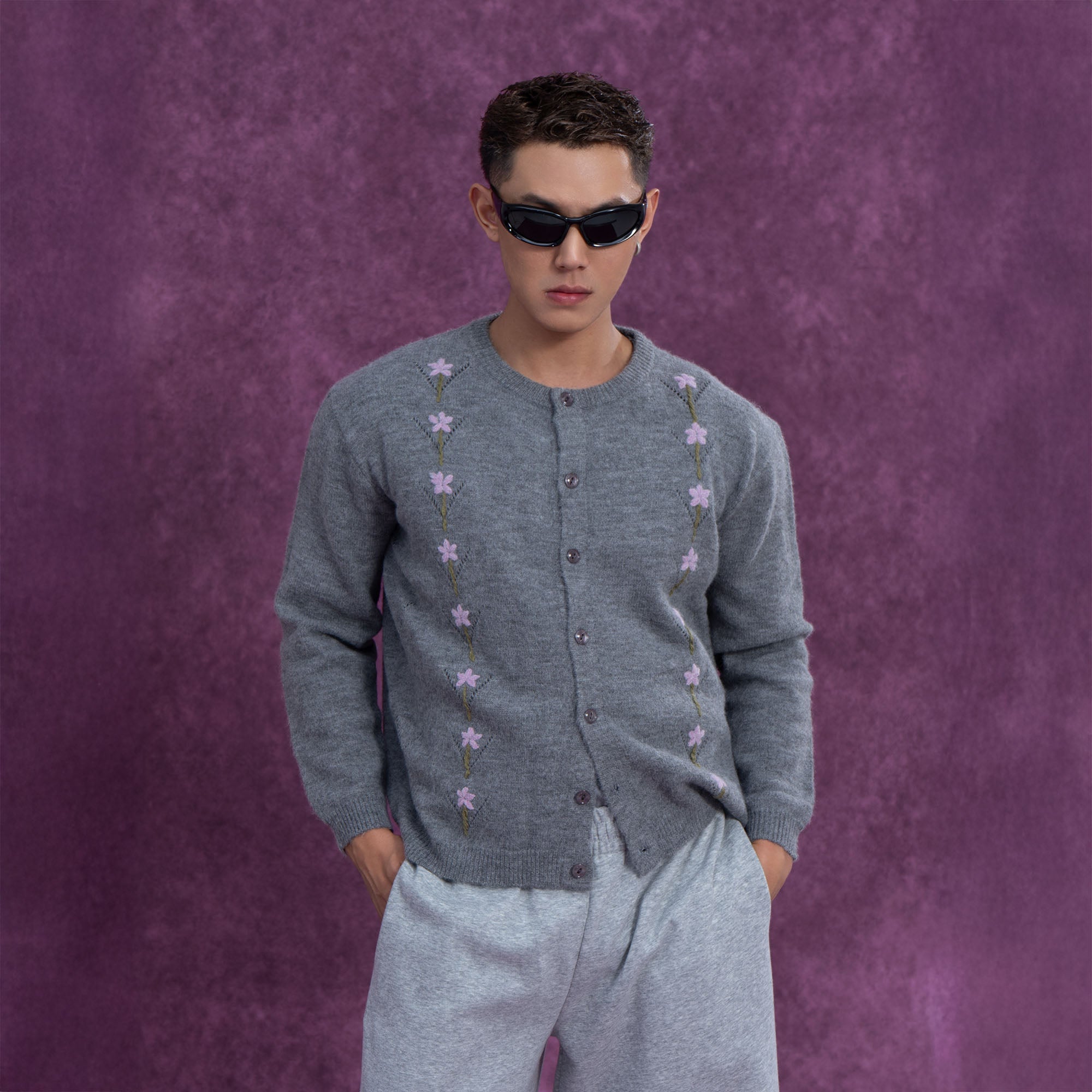 Gray Floral Line Embroidered Cardigan