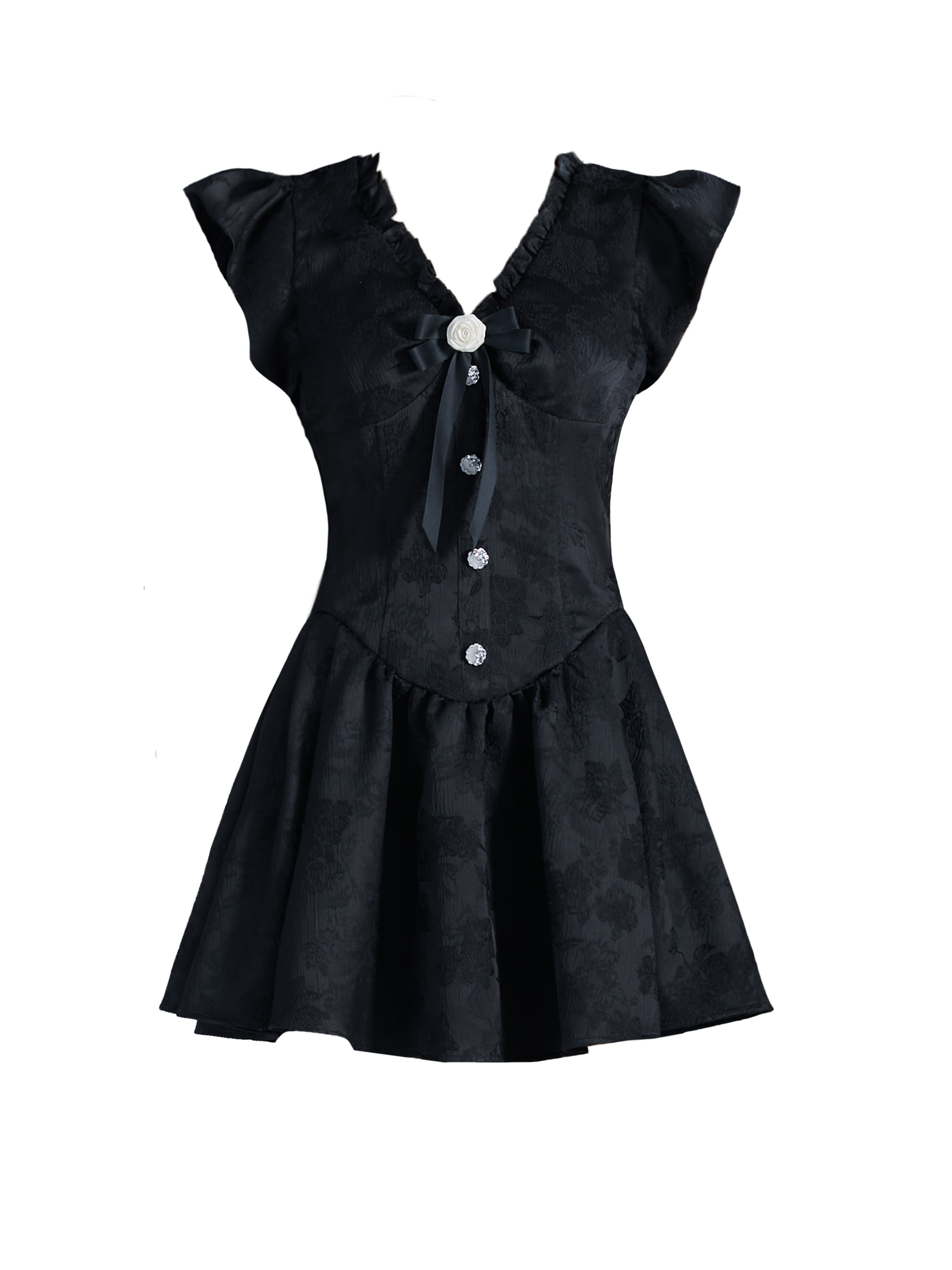 Vintage-Inspired Black Flutter Sleeve Mini Dress with Button Front