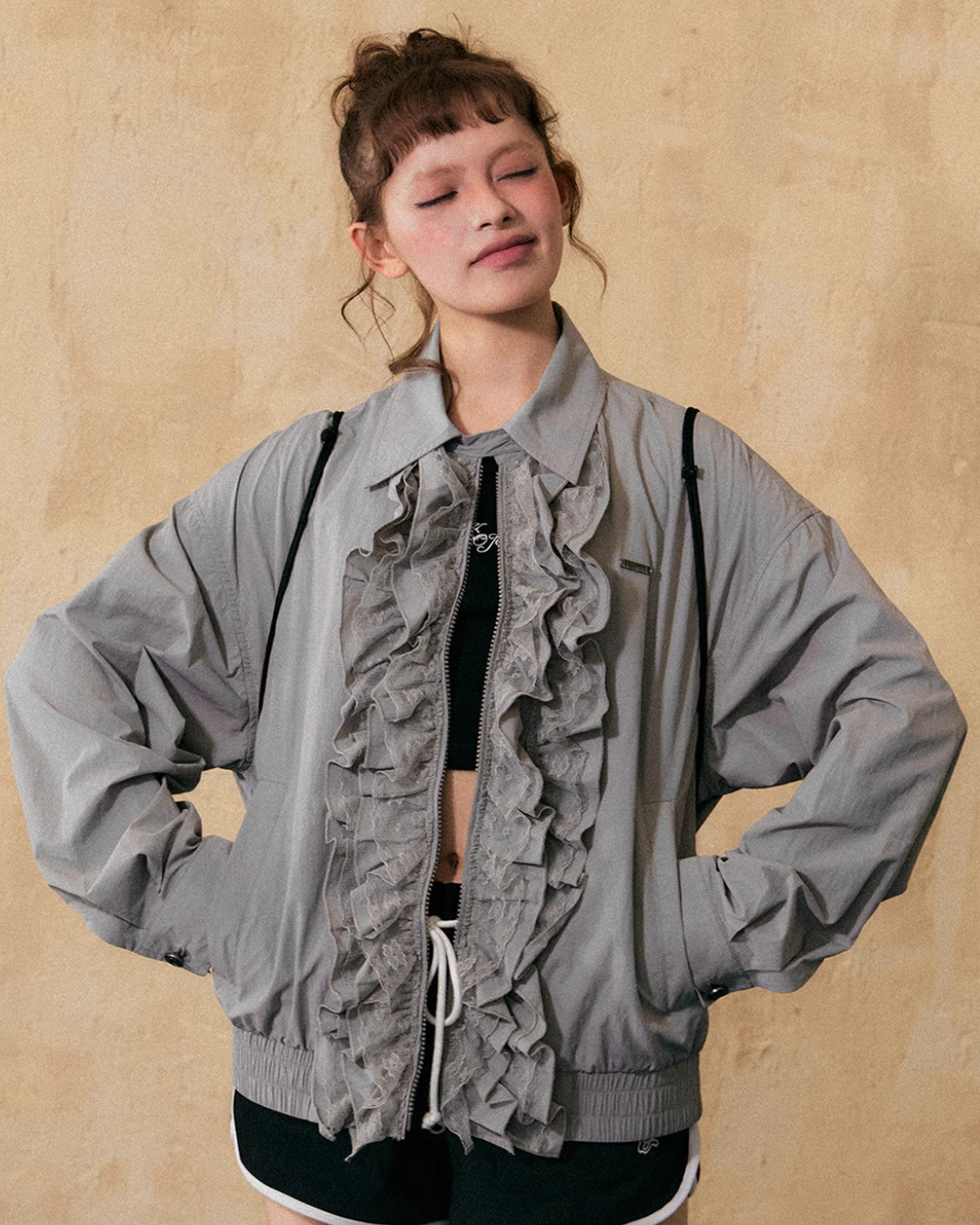 Ruffled Design Bomber Jacket