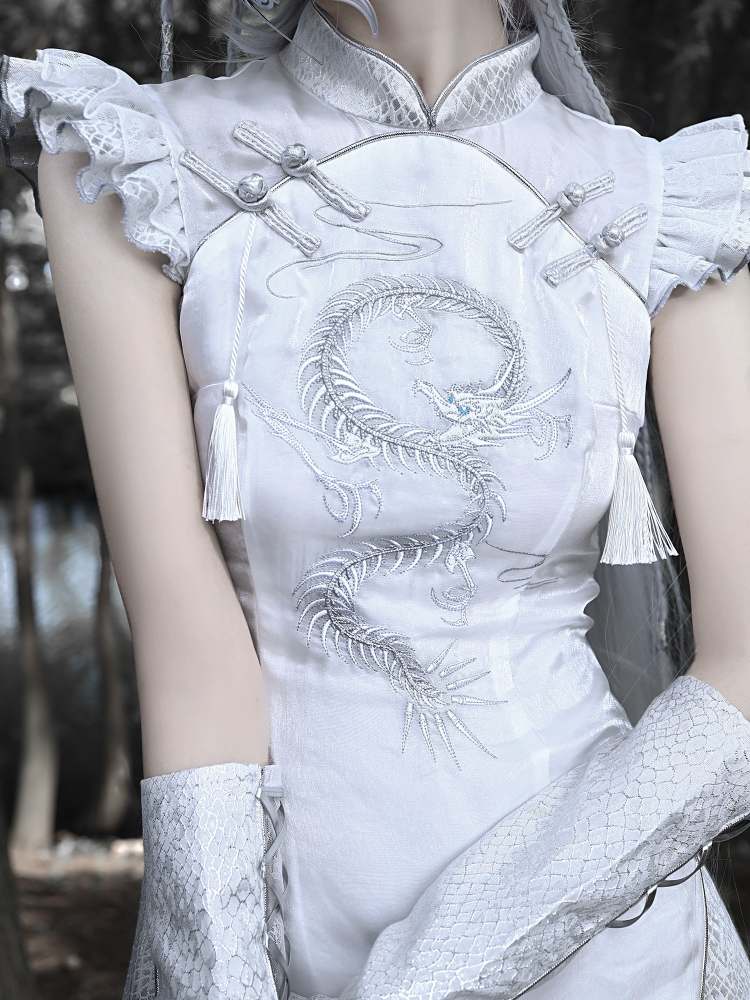 White Dragon Qipao Dress