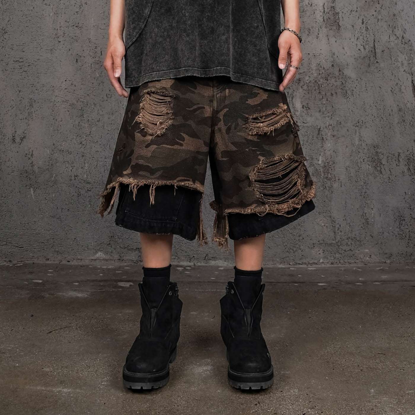 Double-Layered Shredded Camo Shorts