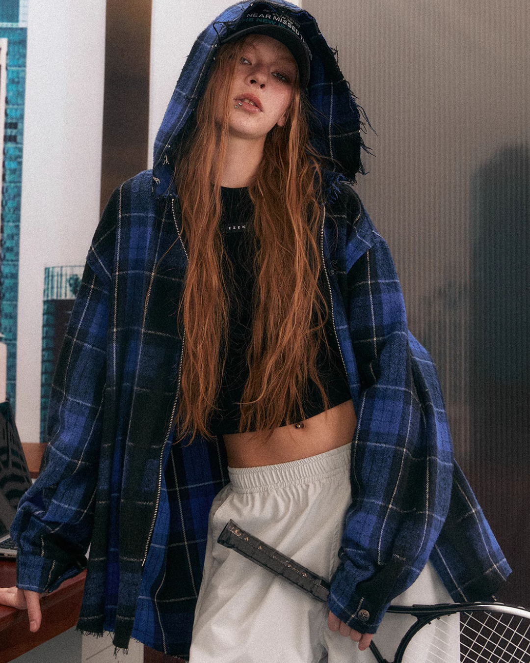 Veste à capuche surdimensionnée à plaid bleu