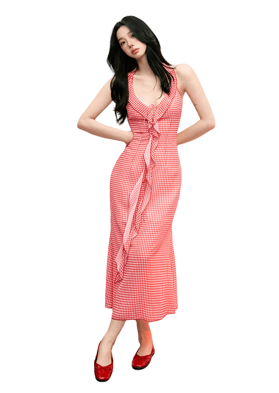 French Style Ribbon Halter Neck Red Plaid Cinched Waist Long Dress