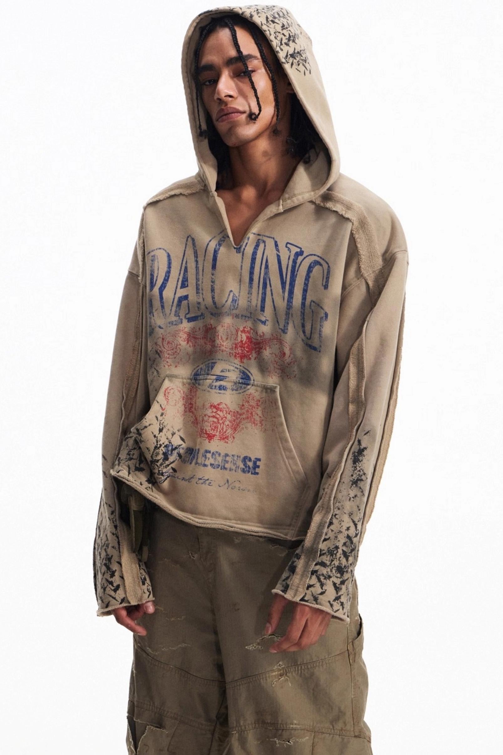 Men's Vintage Racing Print Hooded Sweatshirt
