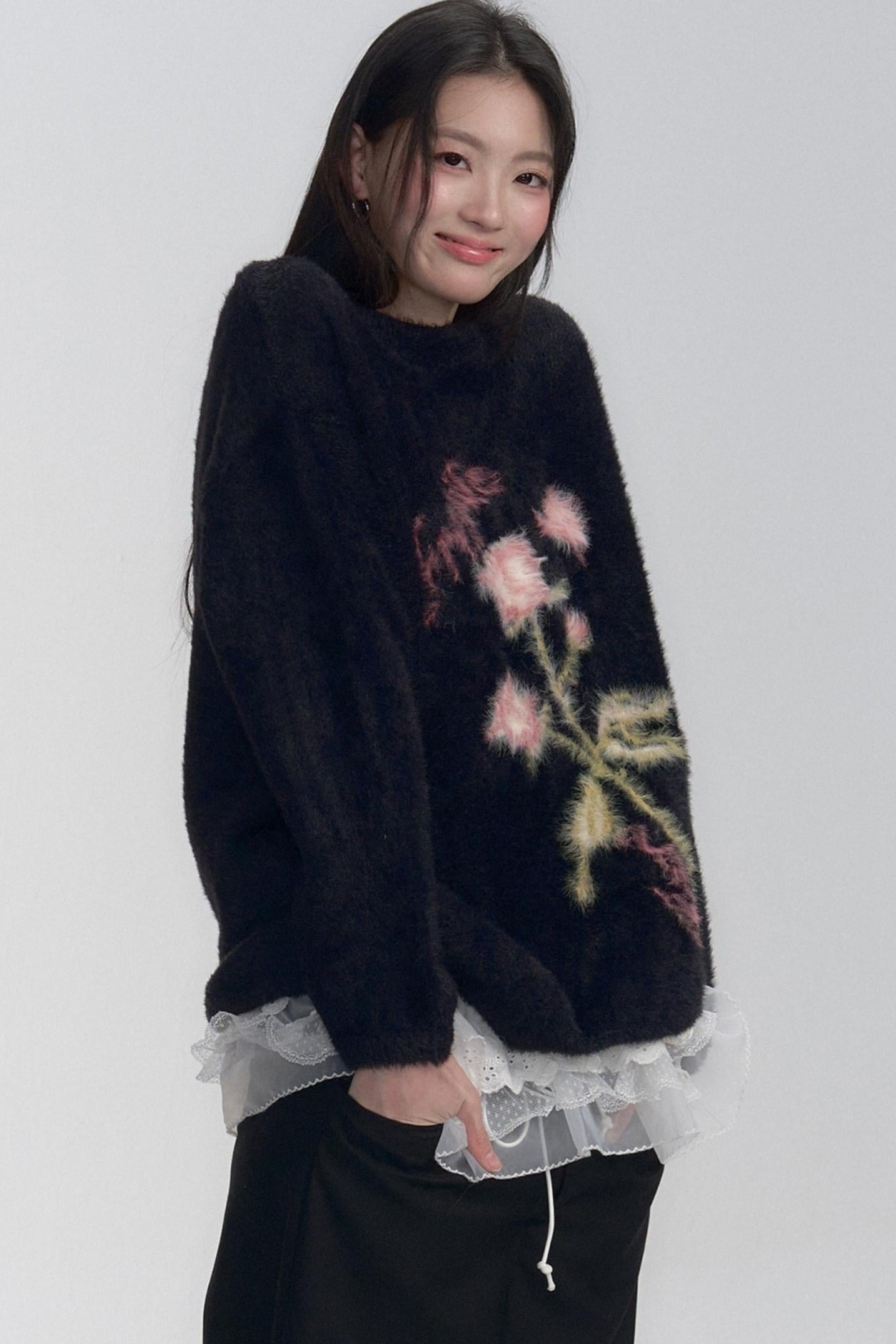 Floral Embroidered Fuzzy Sweater