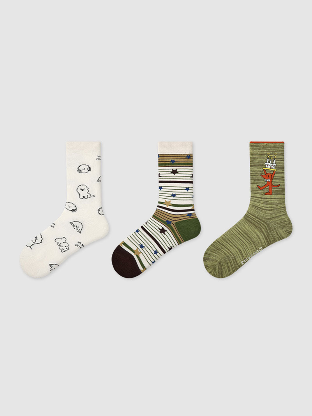 3 Pack Cartoon Animal Striped Mid-calf Socks for Women