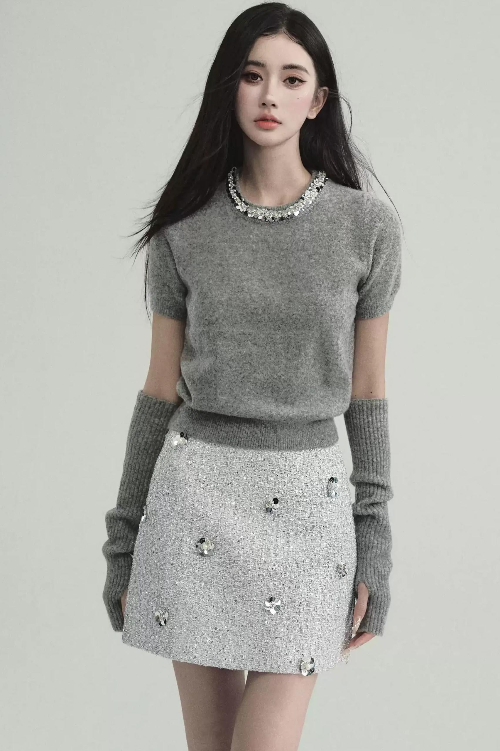 Starlit Nights Embellished Mini Skirt - Silver Sparkle with Crystal Flowers