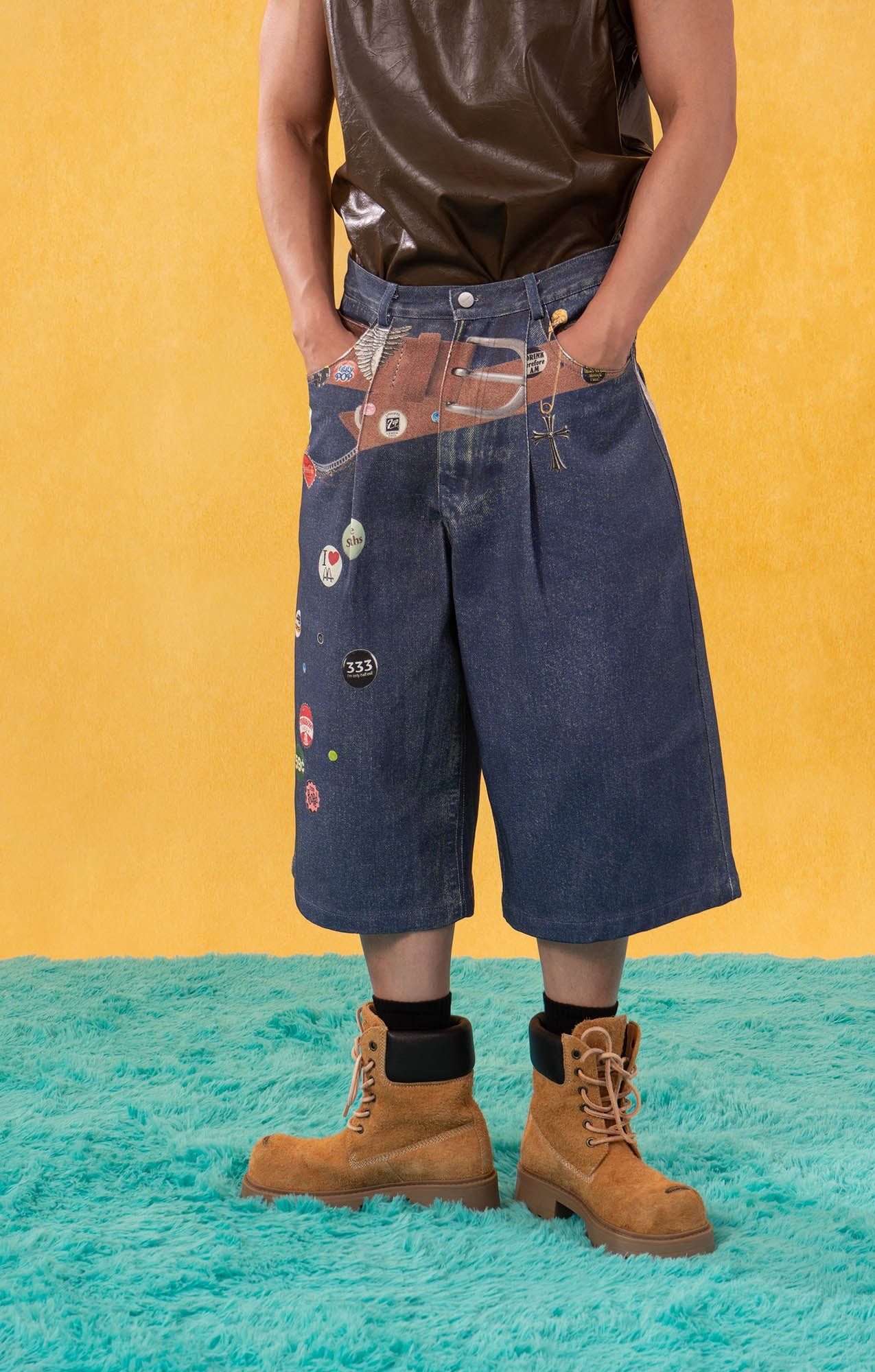 Wide-Leg Denim Shorts with Graphic Print and Button Details