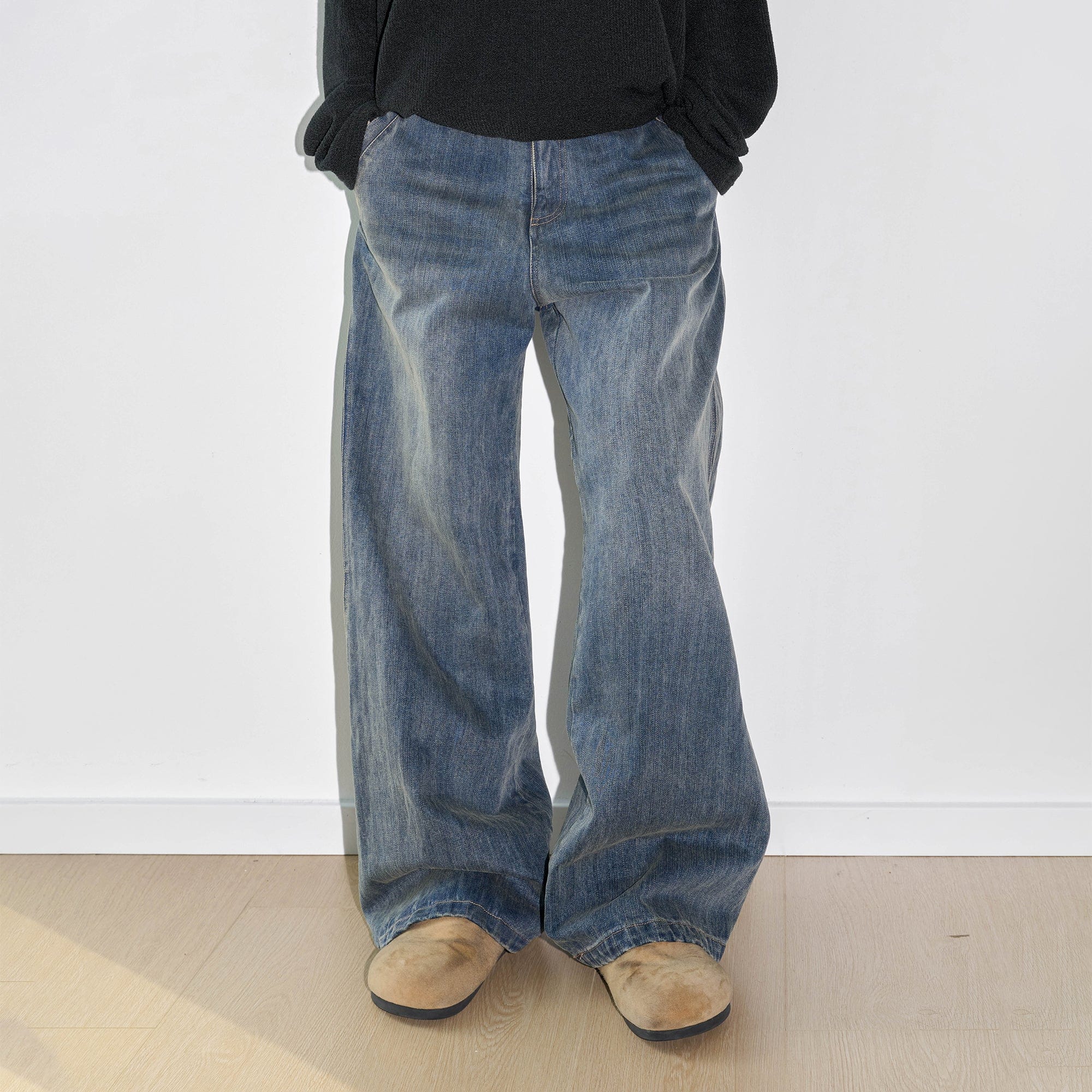 Deconstructed Washed Wide Leg Denim Jeans