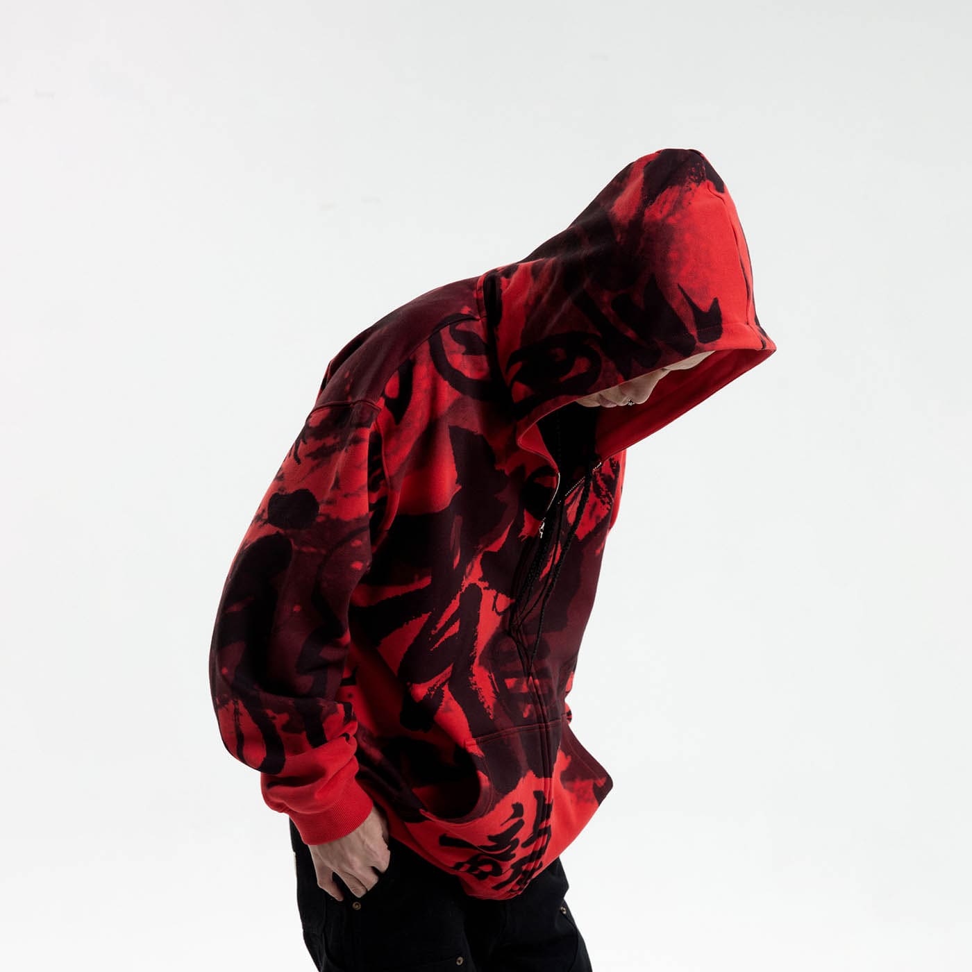 Chinese Calligraphy Print Zip-Up Hoodie