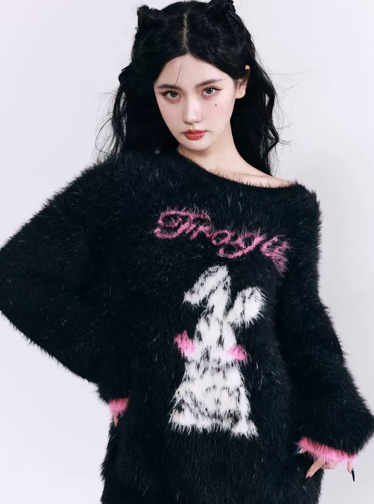 Fuzzy Bunny 'Fragile Heart' Sweater - Black and Pink Fluffy Graphic Jumper