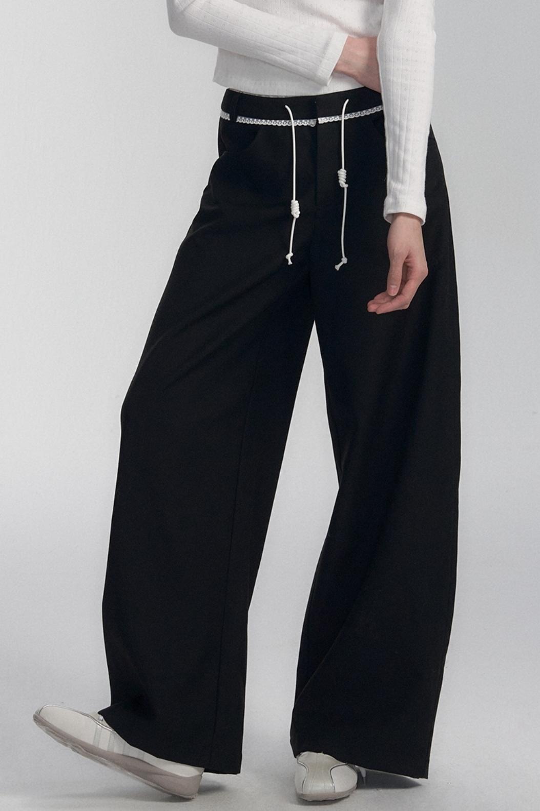 Drawstring Black Wide-Leg Pants