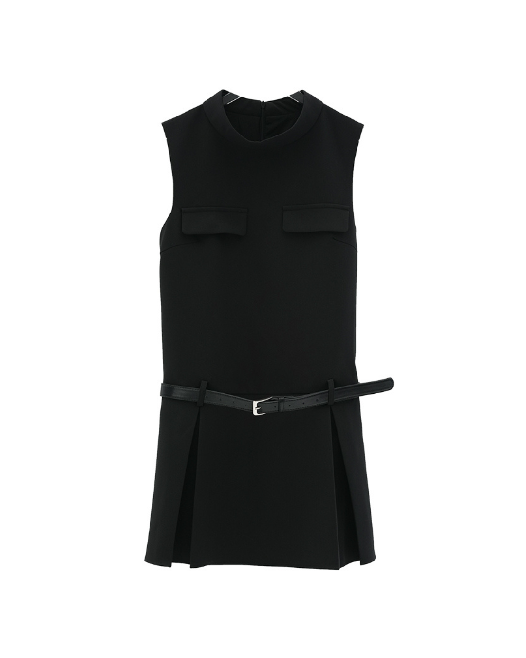 Sleeveless Mock Neck A-Line Dress - Belted Little Black Dress with Drop Waist