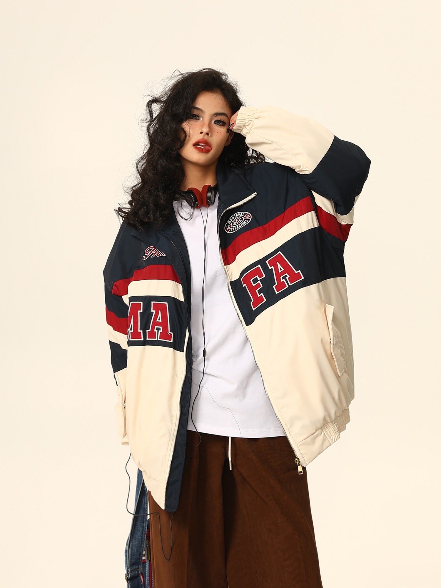 Vintage-Style Color Block Athletic Jacket