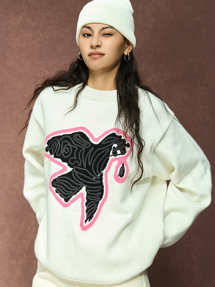 3D Rope Embroidered Peace Dove Knit Sweater - chiclara