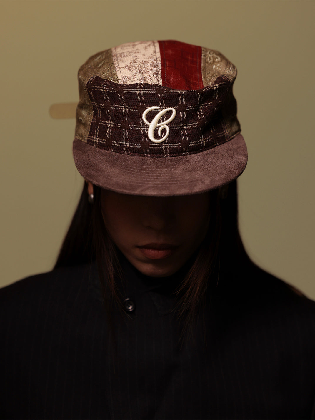 C-Embroidered Flat-Crown Cap - Mixed Patchwork - Worn top/front - view 3