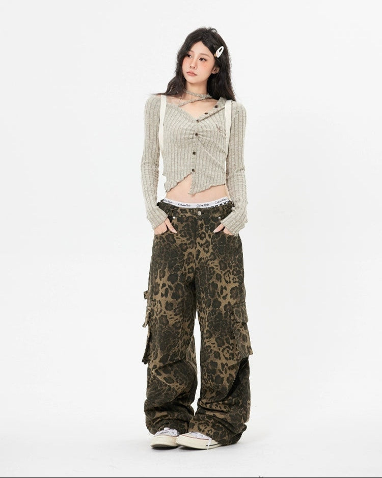 Double Sided Belt Leopard Print Wide Leg Cargo Pants