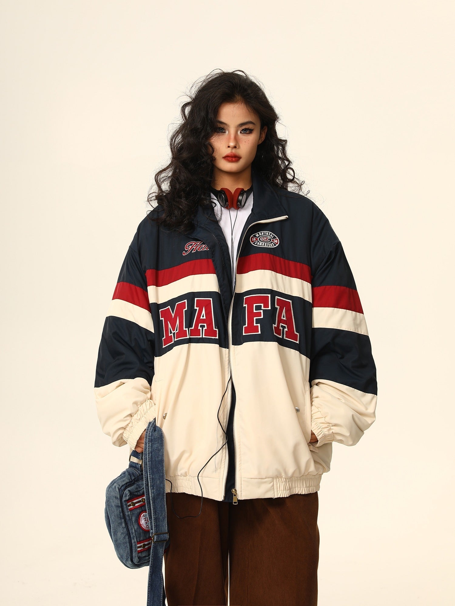 Vintage-Style Color Block Athletic Jacket