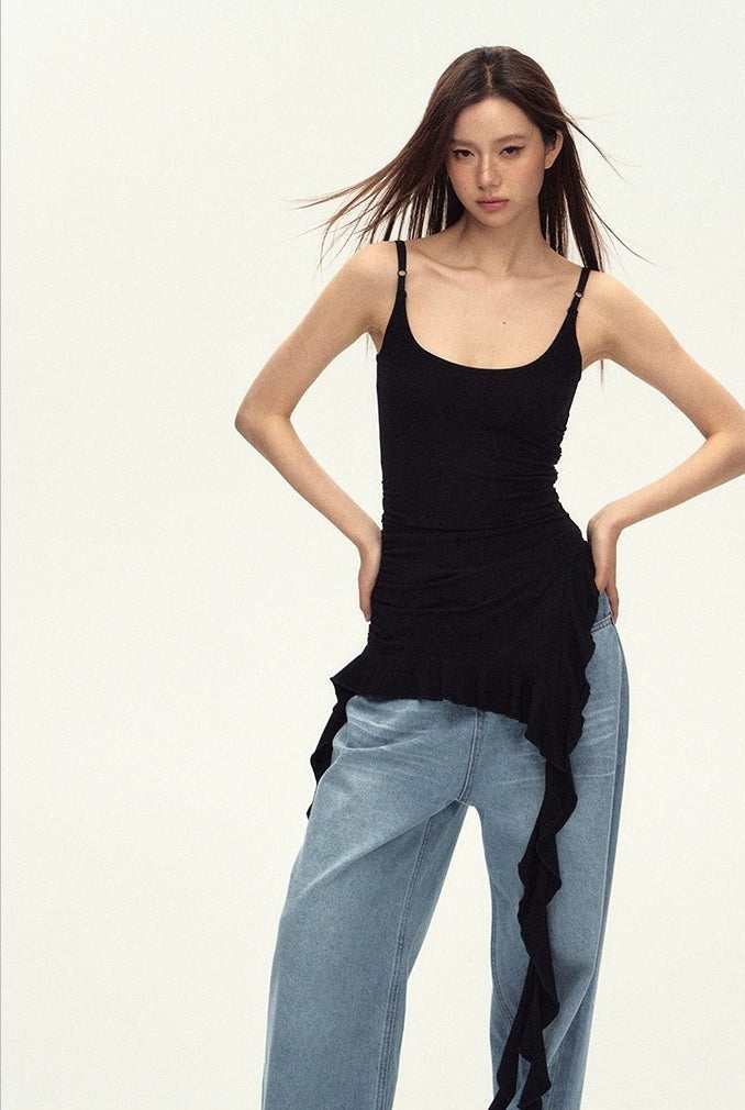 Ruched Asymmetric Black Cami Top